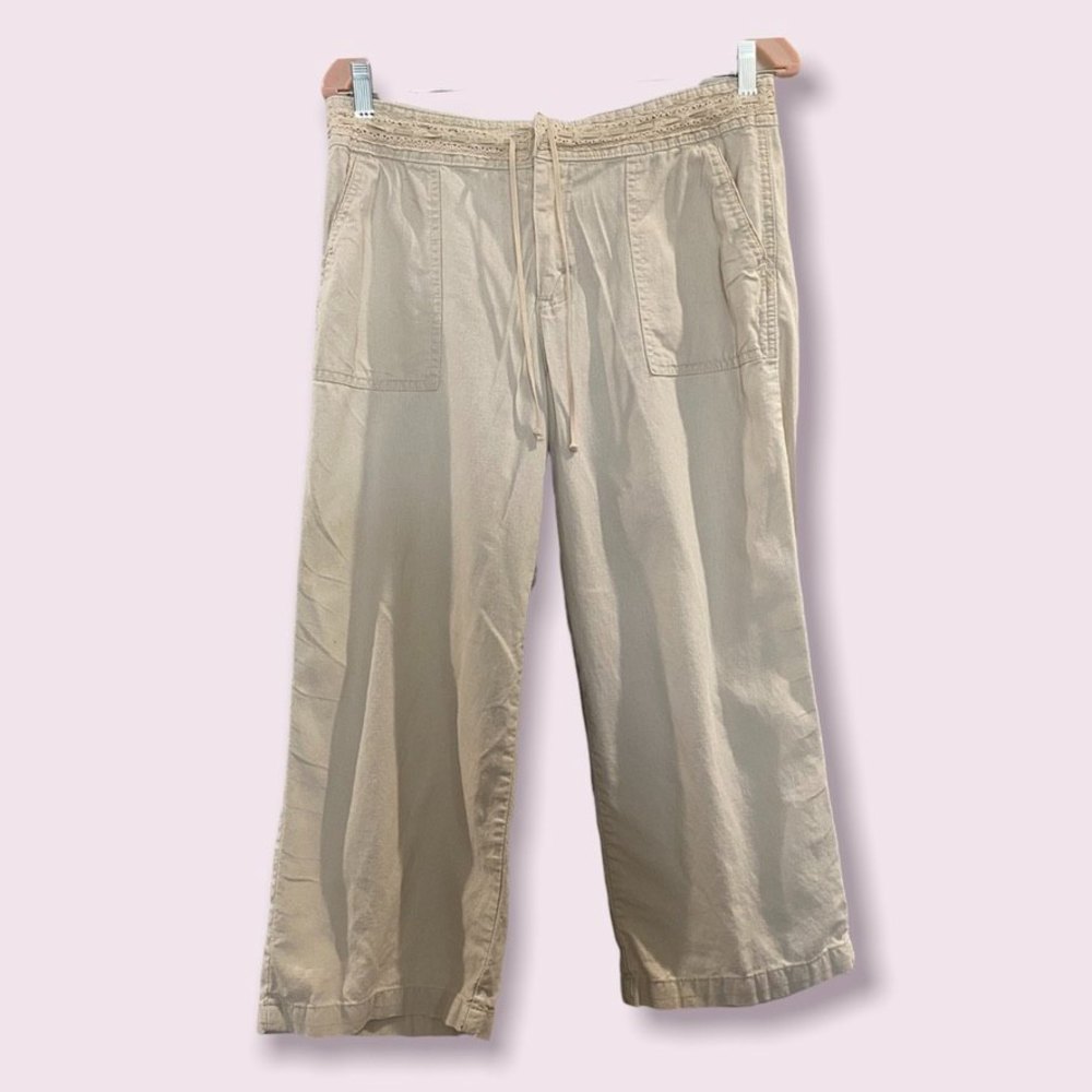 Lee Vintage Linen Blend Crochet Waist Cropped Pants Khaki Beige 10 Medium